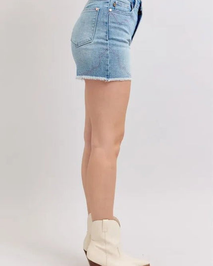 Judy Blue Full Size High Waist Western Embroidery Detail Cut Off Denim Shorts Plus Size - THE AMERICAN BLUE