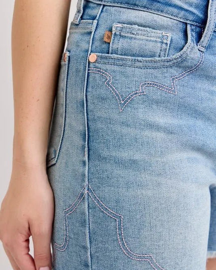 Judy Blue Full Size High Waist Western Embroidery Detail Cut Off Denim Shorts Plus Size - THE AMERICAN BLUE