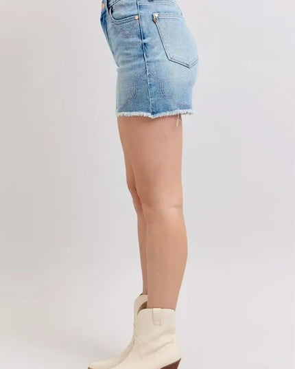 Judy Blue Full Size High Waist Western Embroidery Detail Cut Off Denim Shorts Plus Size - THE AMERICAN BLUE