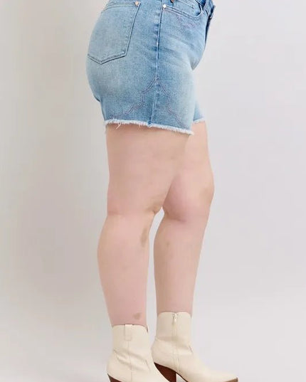 Judy Blue Full Size High Waist Western Embroidery Detail Cut Off Denim Shorts Plus Size - THE AMERICAN BLUE