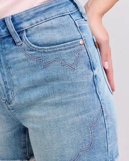 Judy Blue Full Size High Waist Western Embroidery Detail Cut Off Denim Shorts Plus Size - THE AMERICAN BLUE