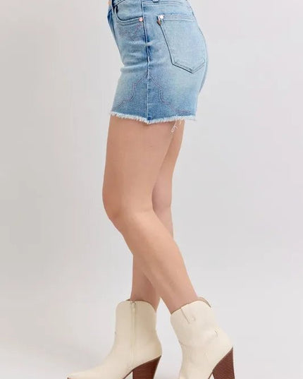 Judy Blue Full Size High Waist Western Embroidery Detail Cut Off Denim Shorts Plus Size - THE AMERICAN BLUE