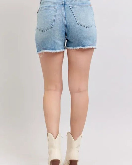 Judy Blue Full Size High Waist Western Embroidery Detail Cut Off Denim Shorts Plus Size - THE AMERICAN BLUE