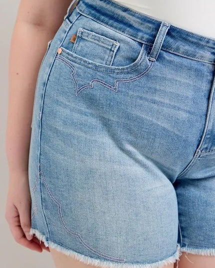 Judy Blue Full Size High Waist Western Embroidery Detail Cut Off Denim Shorts Plus Size - THE AMERICAN BLUE