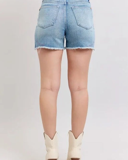 Judy Blue Full Size High Waist Western Embroidery Detail Cut Off Denim Shorts Plus Size - THE AMERICAN BLUE