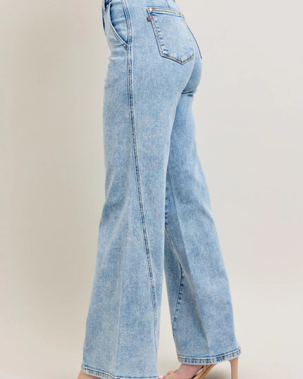 Judy Blue Full Size High Waist Wide Leg Jeans with Skewed Inseam Plus Size - THE AMERICAN BLUE