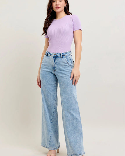 Judy Blue Full Size High Waist Wide Leg Jeans with Skewed Inseam Plus Size - THE AMERICAN BLUE