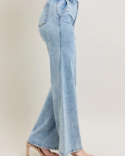 Judy Blue Full Size High Waist Wide Leg Jeans with Skewed Inseam Plus Size - THE AMERICAN BLUE