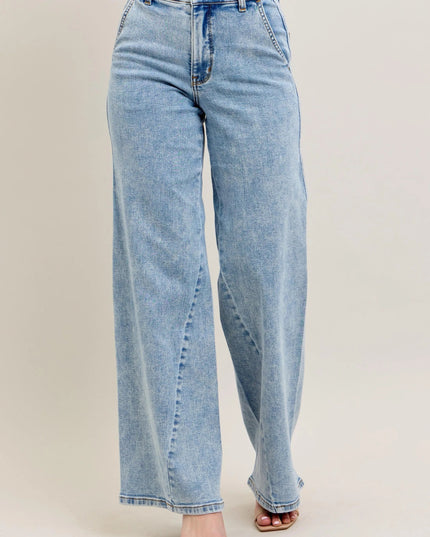 Judy Blue Full Size High Waist Wide Leg Jeans with Skewed Inseam Plus Size - THE AMERICAN BLUE