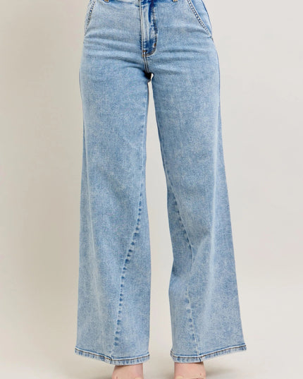 Judy Blue Full Size High Waist Wide Leg Jeans with Skewed Inseam Plus Size - THE AMERICAN BLUE