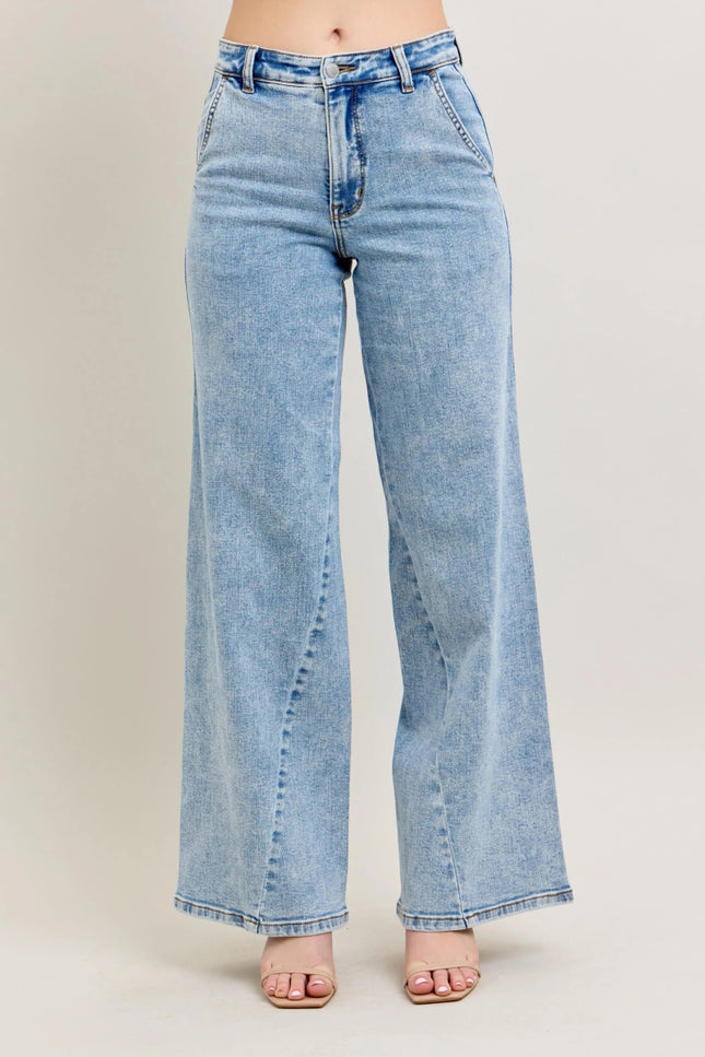 Judy Blue Full Size High Waist Wide Leg Jeans with Skewed Inseam Plus Size - THE AMERICAN BLUE