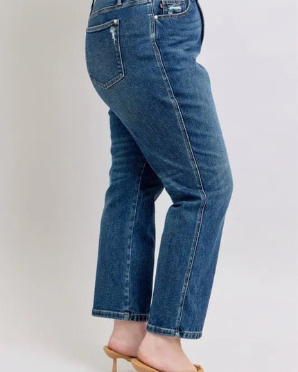 Judy Blue Full Size High Waisted Rigid Magic Non - destroy Straight Leg Jeans Plus Size - THE AMERICAN BLUE