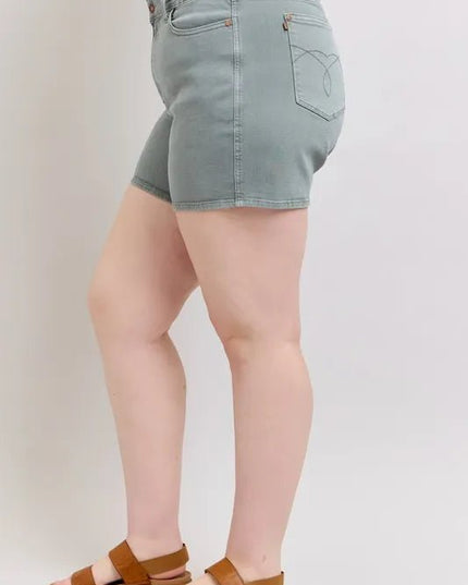 Judy Blue Full Size Hw Garment Dyed & Back Pkt Embroidery Shorts Plus Size - THE AMERICAN BLUE