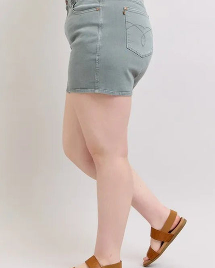Judy Blue Full Size Hw Garment Dyed & Back Pkt Embroidery Shorts Plus Size - THE AMERICAN BLUE