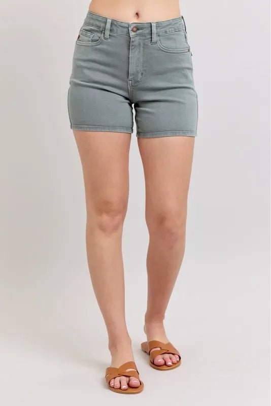 Judy Blue Full Size Hw Garment Dyed & Back Pkt Embroidery Shorts Plus Size - THE AMERICAN BLUE