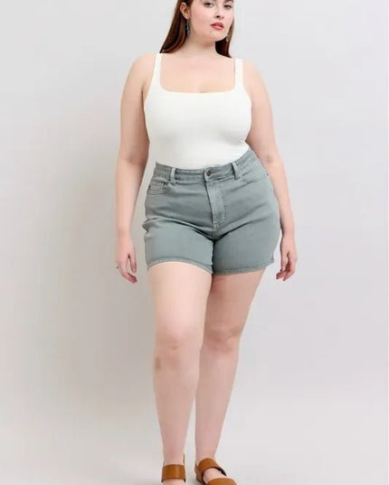 Judy Blue Full Size Hw Garment Dyed & Back Pkt Embroidery Shorts Plus Size - THE AMERICAN BLUE