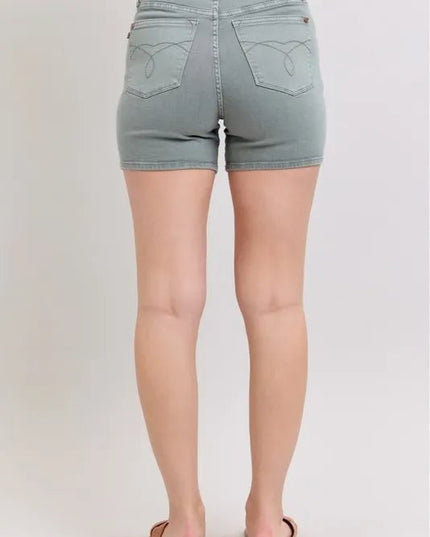 Judy Blue Full Size Hw Garment Dyed & Back Pkt Embroidery Shorts Plus Size - THE AMERICAN BLUE