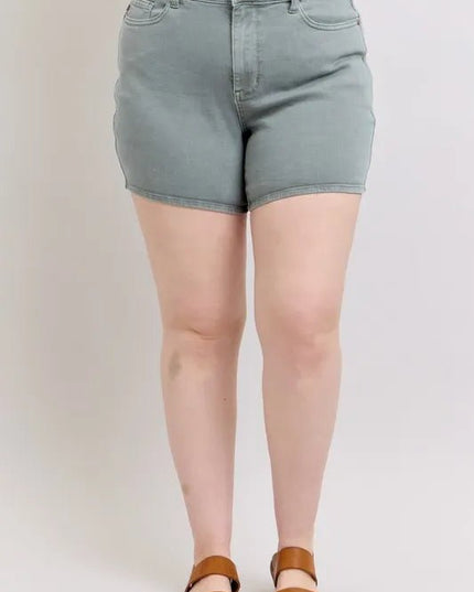 Judy Blue Full Size Hw Garment Dyed & Back Pkt Embroidery Shorts Plus Size - THE AMERICAN BLUE