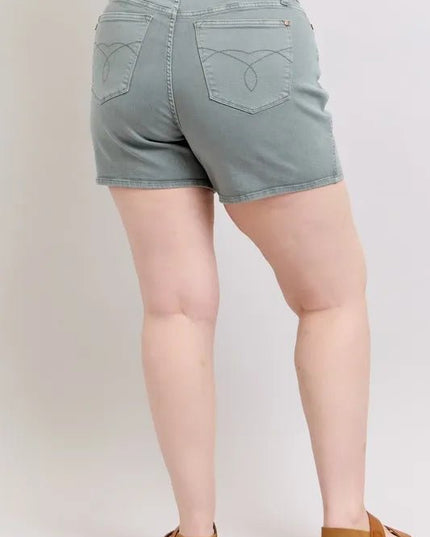 Judy Blue Full Size Hw Garment Dyed & Back Pkt Embroidery Shorts Plus Size - THE AMERICAN BLUE