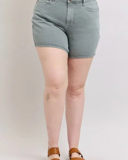 Judy Blue Full Size Hw Garment Dyed & Back Pkt Embroidery Shorts Plus Size - THE AMERICAN BLUE