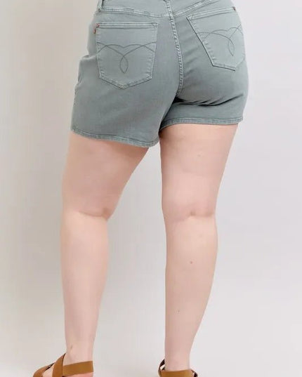 Judy Blue Full Size Hw Garment Dyed & Back Pkt Embroidery Shorts Plus Size - THE AMERICAN BLUE
