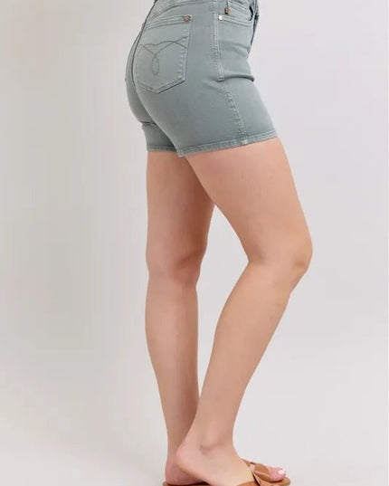 Judy Blue Full Size Hw Garment Dyed & Back Pkt Embroidery Shorts Plus Size - THE AMERICAN BLUE