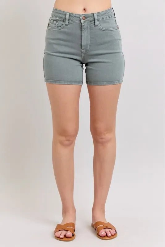 Judy Blue Full Size Hw Garment Dyed & Back Pkt Embroidery Shorts Plus Size - THE AMERICAN BLUE