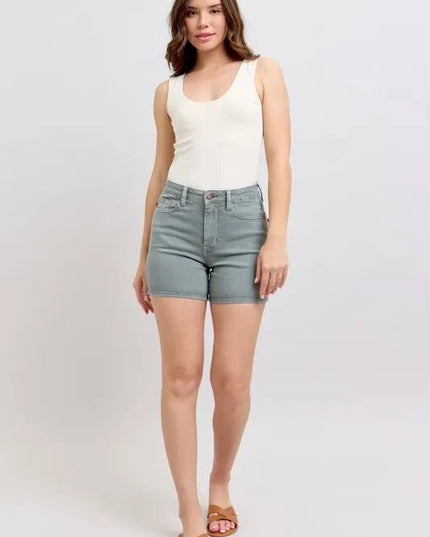 Judy Blue Full Size Hw Garment Dyed & Back Pkt Embroidery Shorts Plus Size - THE AMERICAN BLUE