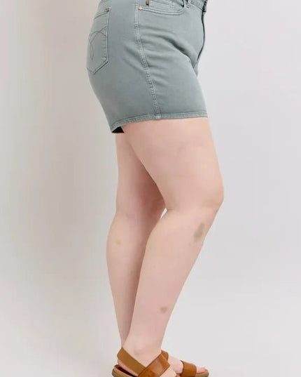 Judy Blue Full Size Hw Garment Dyed & Back Pkt Embroidery Shorts Plus Size - THE AMERICAN BLUE
