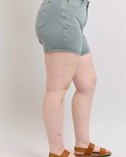 Judy Blue Full Size Hw Garment Dyed & Back Pkt Embroidery Shorts Plus Size - THE AMERICAN BLUE