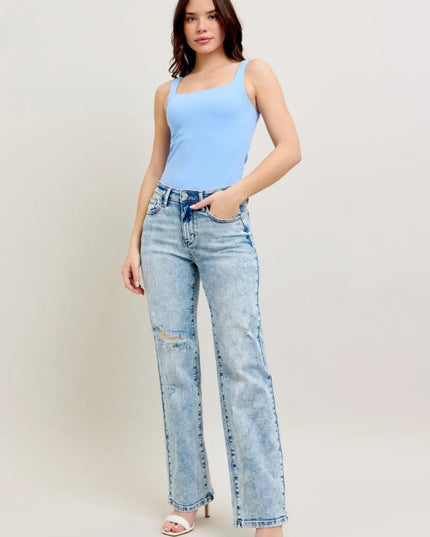 Judy Blue Full Size Hw Mineral Wash Destroy 90's Straight Jeans Plus Size - THE AMERICAN BLUE