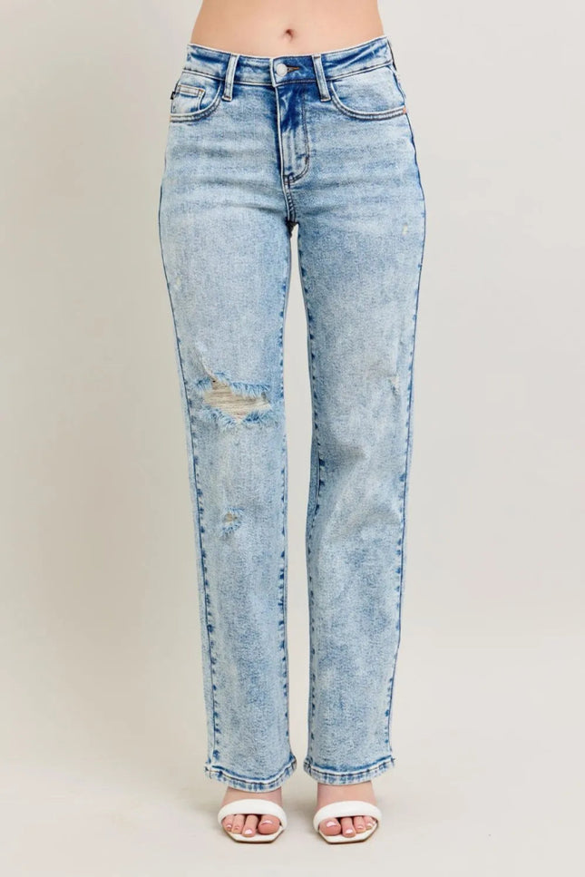 Judy Blue Full Size Hw Mineral Wash Destroy 90's Straight Jeans Plus Size - THE AMERICAN BLUE