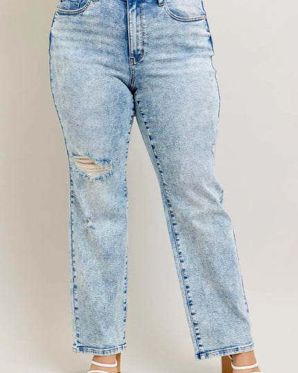 Judy Blue Full Size Hw Mineral Wash Destroy 90's Straight Jeans Plus Size - THE AMERICAN BLUE
