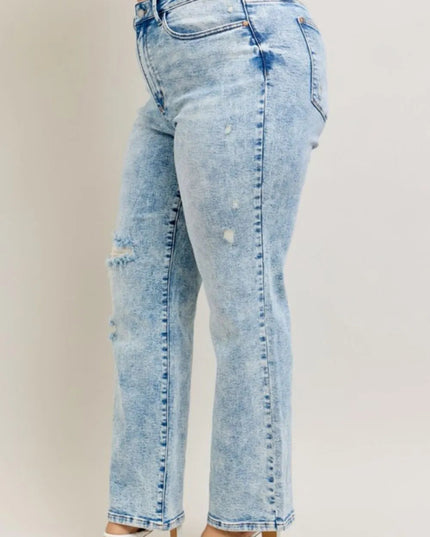 Judy Blue Full Size Hw Mineral Wash Destroy 90's Straight Jeans Plus Size - THE AMERICAN BLUE