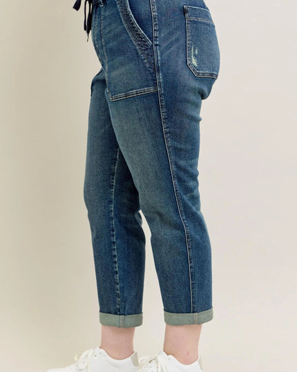 Judy Blue Full Size HW Vintage Wash Jeans w/ Drawstring Plus Size - THE AMERICAN BLUE