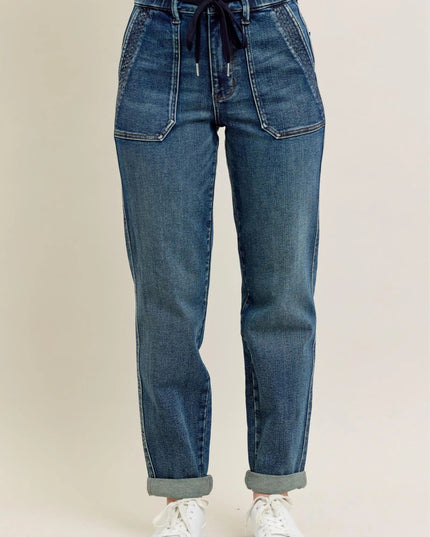 Judy Blue Full Size HW Vintage Wash Jeans w/ Drawstring Plus Size - THE AMERICAN BLUE