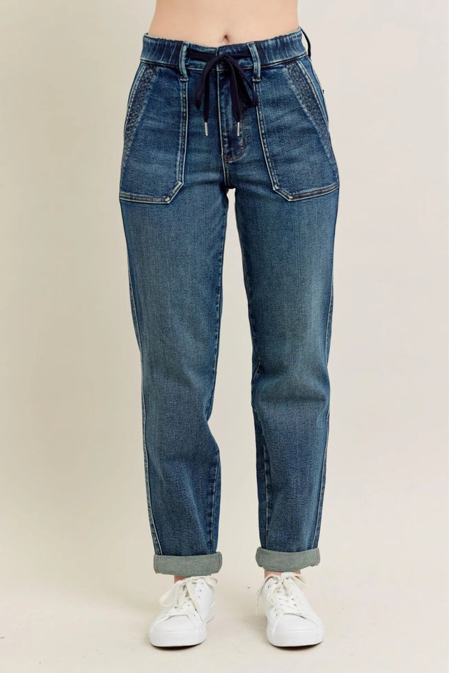 Judy Blue Full Size HW Vintage Wash Jeans w/ Drawstring Plus Size - THE AMERICAN BLUE
