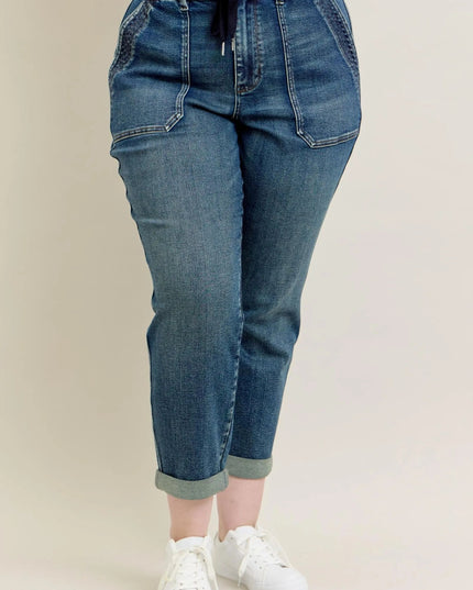 Judy Blue Full Size HW Vintage Wash Jeans w/ Drawstring Plus Size - THE AMERICAN BLUE