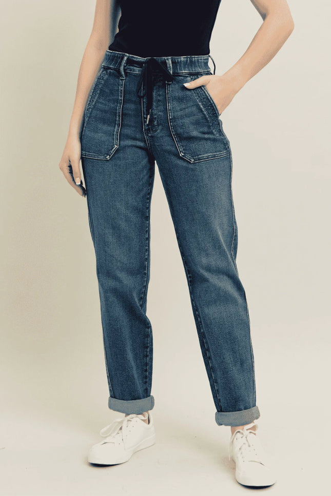 Judy Blue Full Size HW Vintage Wash Jeans w/ Drawstring Plus Size - THE AMERICAN BLUE