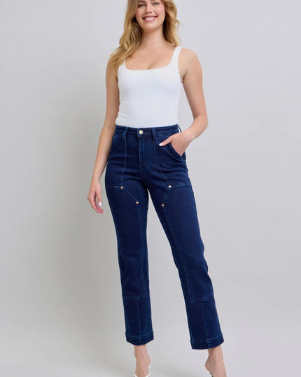 Judy Blue Full Size Hw Work Wear Knee Patch Straight Jeans Plus Size - THE AMERICAN BLUE