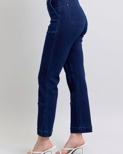 Judy Blue Full Size Hw Work Wear Knee Patch Straight Jeans Plus Size - THE AMERICAN BLUE