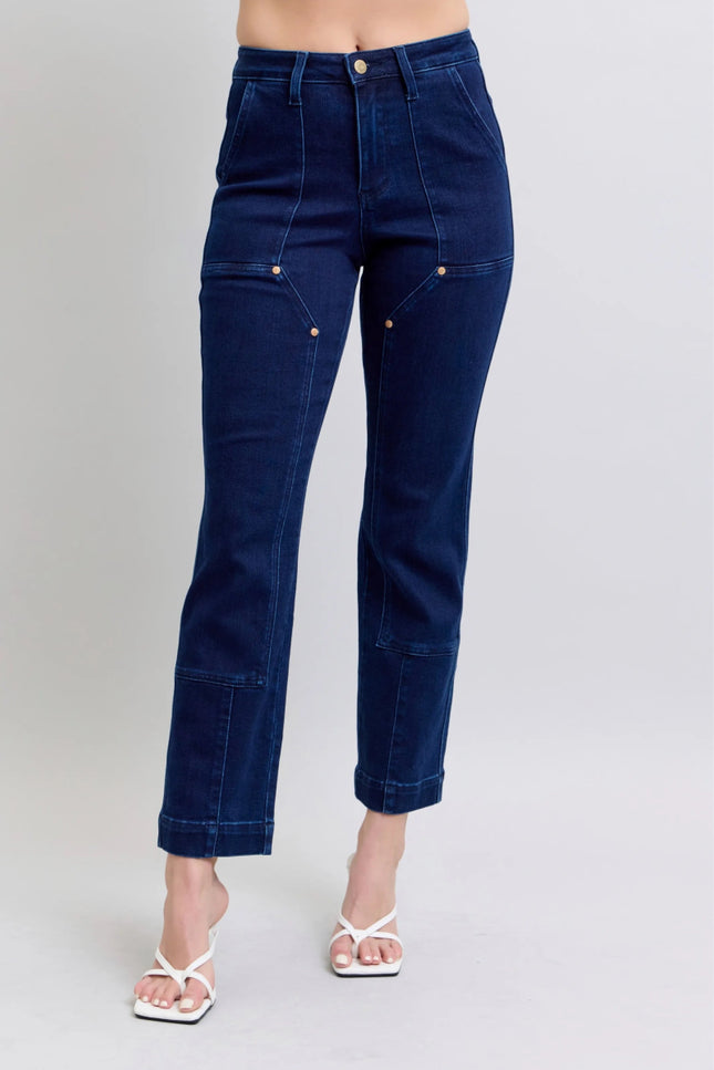 Judy Blue Full Size Hw Work Wear Knee Patch Straight Jeans Plus Size - THE AMERICAN BLUE