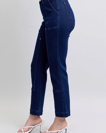 Judy Blue Full Size Hw Work Wear Knee Patch Straight Jeans Plus Size - THE AMERICAN BLUE