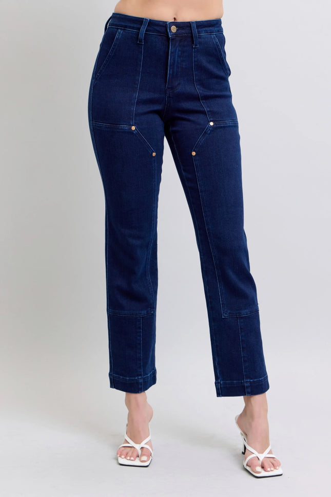 Judy Blue Full Size Hw Work Wear Knee Patch Straight Jeans Plus Size - THE AMERICAN BLUE