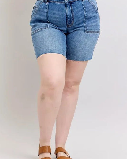 Judy Blue Full Size Mid Rise Bermudas Denim Shorts W/ Back Flap Pockets Plus Size - THE AMERICAN BLUE
