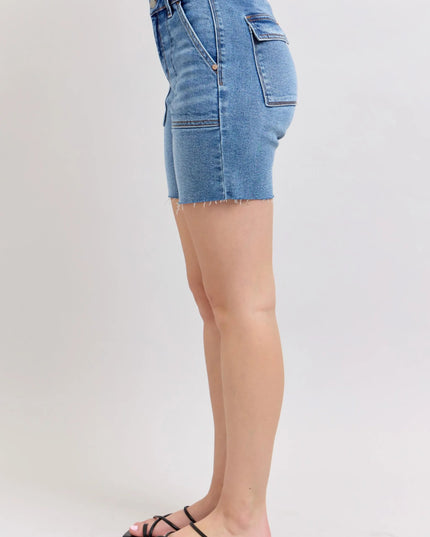Judy Blue Full Size Mid Rise Bermudas Denim Shorts W/ Back Flap Pockets Plus Size - THE AMERICAN BLUE