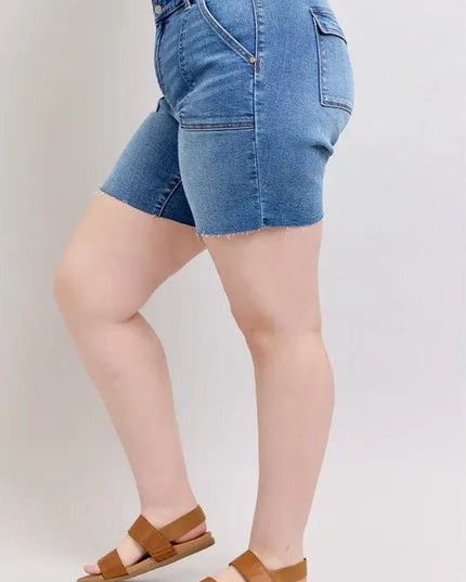 Judy Blue Full Size Mid Rise Bermudas Denim Shorts W/ Back Flap Pockets Plus Size - THE AMERICAN BLUE