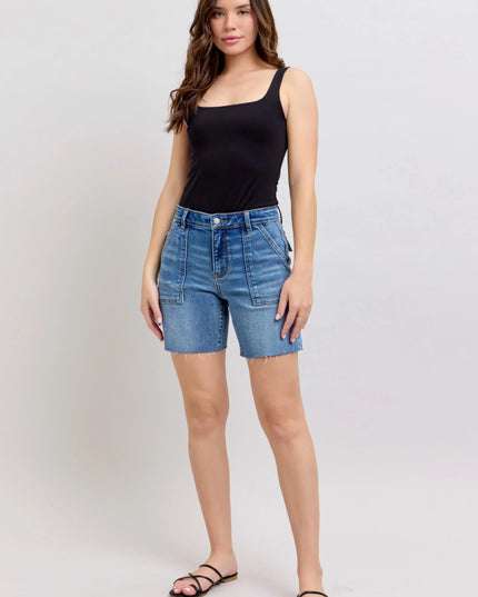 Judy Blue Full Size Mid Rise Bermudas Denim Shorts W/ Back Flap Pockets Plus Size - THE AMERICAN BLUE