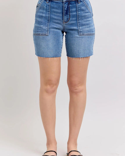 Judy Blue Full Size Mid Rise Bermudas Denim Shorts W/ Back Flap Pockets Plus Size - THE AMERICAN BLUE