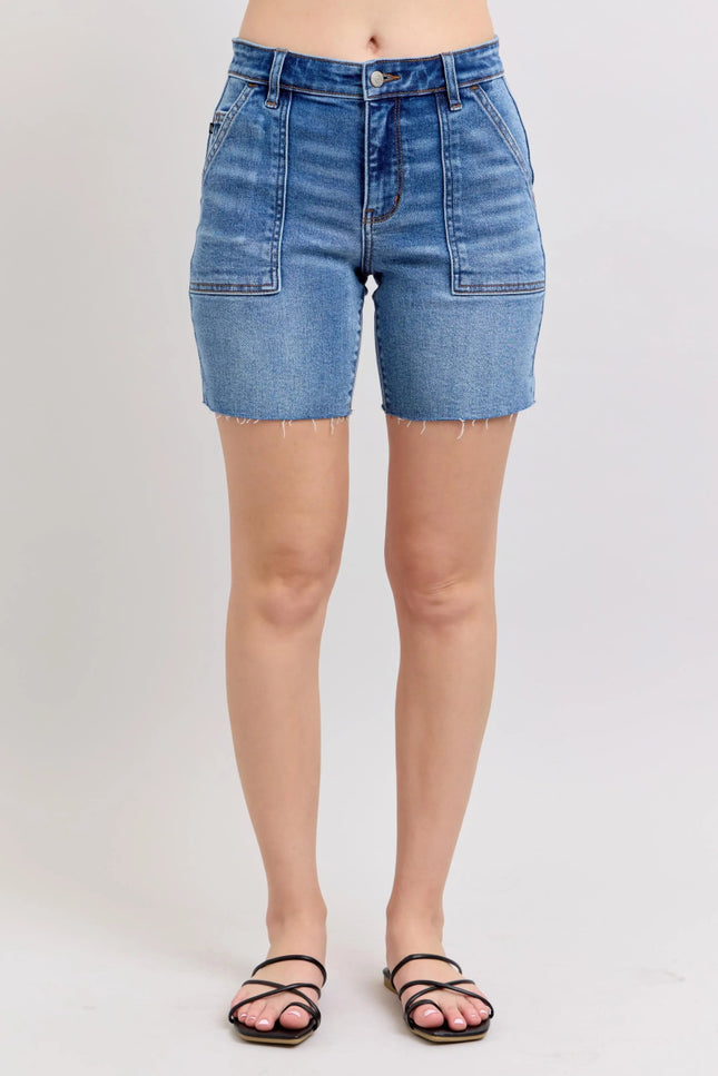 Judy Blue Full Size Mid Rise Bermudas Denim Shorts W/ Back Flap Pockets Plus Size - THE AMERICAN BLUE